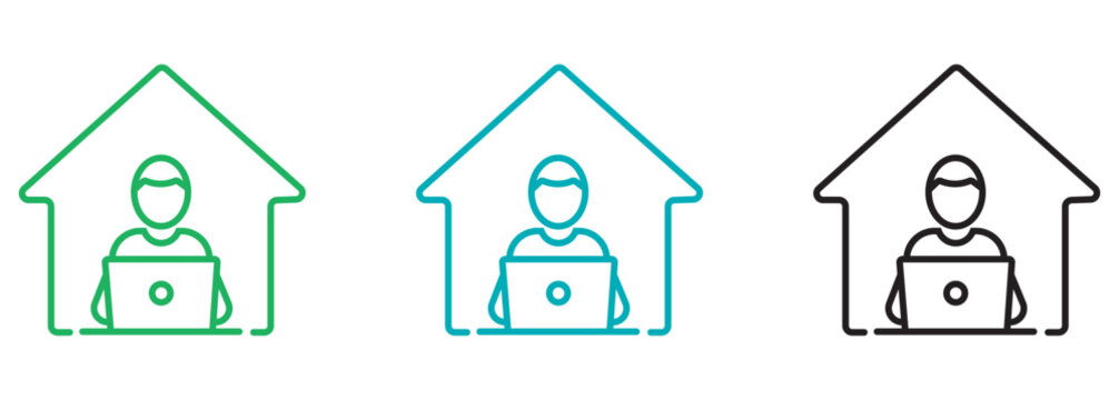 Work from home line icon set, remote employee using laptop inside house outline, freelance professional telecommuting vector illustration