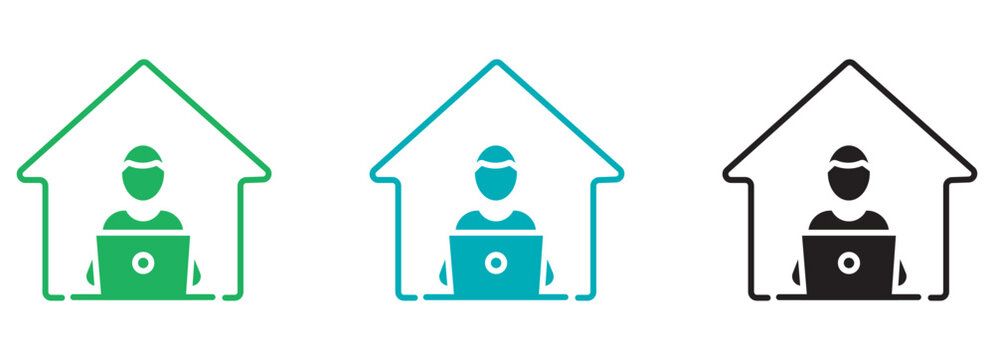Work from home icons set, remote employee using laptop inside house outline, freelance professional telecommuting vector symbols in green and black
