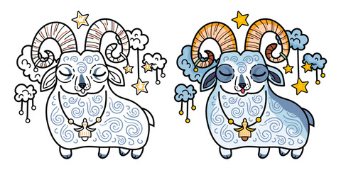 Coloring page, vector drawing goat and ram for children. Image of the symbol of the New Year 2027 lamb for children's leisure. Isolated animal for drawing lesson © Pictulandra