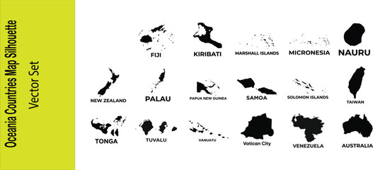 Oceania Countries Map Silhouette Vector Collection Featuring Editable Island Nation Outlines for Geography, Education, Cartography, and Graphic Design © Babu Biswas 