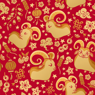 A seamless vector pattern for children featuring the symbol of the New Year 2027: a goat or ram. The horned mascot of the holiday. Red and gold background. China, Asia motif