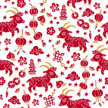 A seamless vector pattern for children featuring the symbol of the New Year 2027: a goat or ram. The horned mascot of the holiday. Red and gold background. China, Asia motif