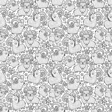 A seamless vector lamb pattern for children featuring the symbol of the New Year 2027: a goat or ram. The horned mascot of the holiday. Black and white background
