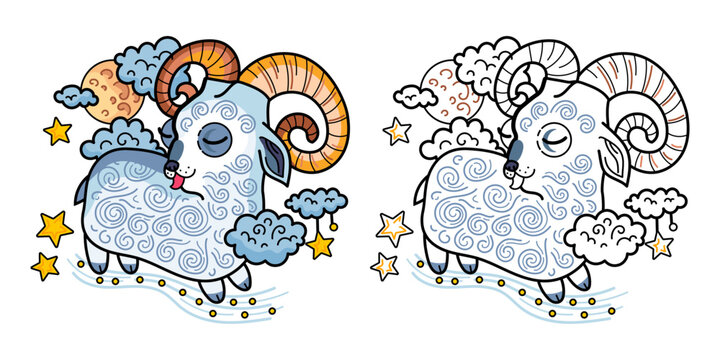 Coloring page, vector drawing goat and ram for children. Image of the symbol of the New Year 2027 lamb for children's leisure. Isolated animal for drawing lesson