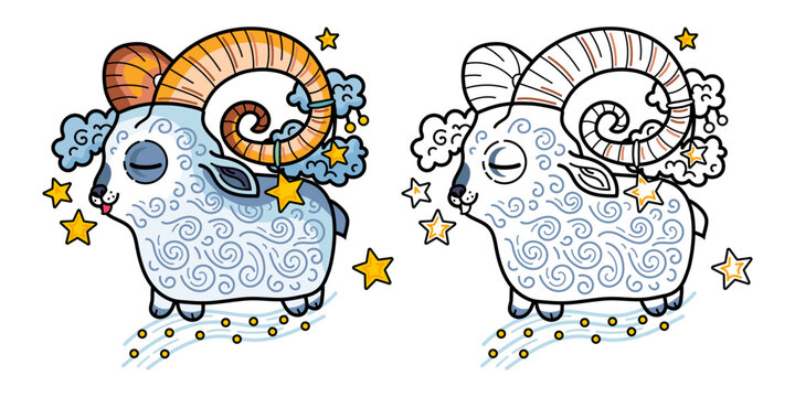 Coloring page, vector drawing goat and ram for children. Image of the symbol of the New Year 2027 lamb for children's leisure. Isolated animal for drawing lesson