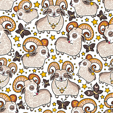 A seamless vector pattern for children featuring the symbol of the New Year 2027: a goat or ram. The horned mascot of the holiday. A cheerful lamb in the clouds
