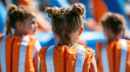 Fototapeta premium Close up rear view of young girl with light brown hair in pigtails wearing orange and white striped sports vest