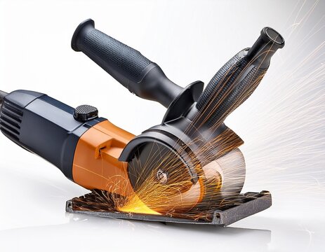 powerful angle grinder with sparks in action on white background