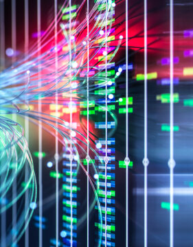 AI analyzing DNA data with glowing fiber optics for medical research