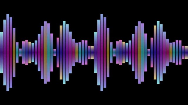 Abstract animated waveform with bars drawn as blue and cyan glowing lines and dots on a deep dark background. Clean minimal motion graphics element with free space around it, ideal for title sequences
