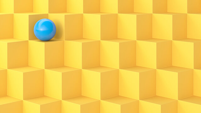 Three dimensional render of blue sphere on yellow cubes