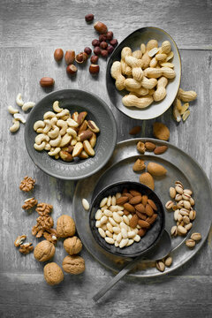 Peanuts, hazelnuts, cashew nuts, brazil nuts and almonds