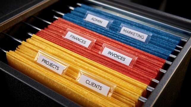 Close-up view of an organized filing cabinet drawer with color-coded folders for projects, clients, finances, invoices, admin, and marketing