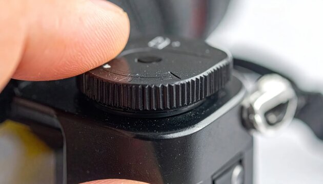 Close-up of a person's finger adjusting a camera dial on a black digital camera, macro photography concept