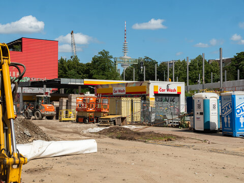 Hamburg, Germany - 07272026: canopy of a Shell gas station in Hamburg, Germany, was partially dismantled and cut back to create sufficient clearance for transporting the new Sternbr&uuml;cke railway bridge