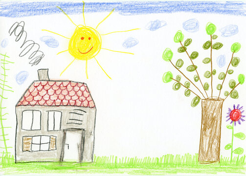 Child's drawing, house and garden