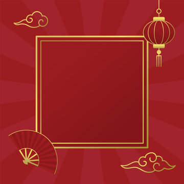 Chinese New Year background with golden square frame. Hanging paper lantern, clouds and wave pattern on red background. Vector illustration