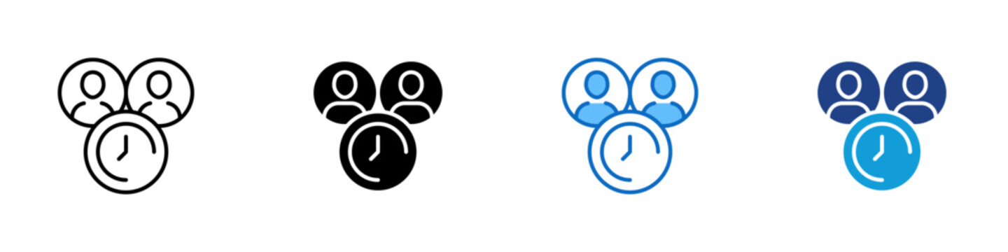 Team Time Scheduling Multiple Style Icon Design Vector - Two people with clock representing team scheduling, employee attendance tracking, and workforce time management for HR planning