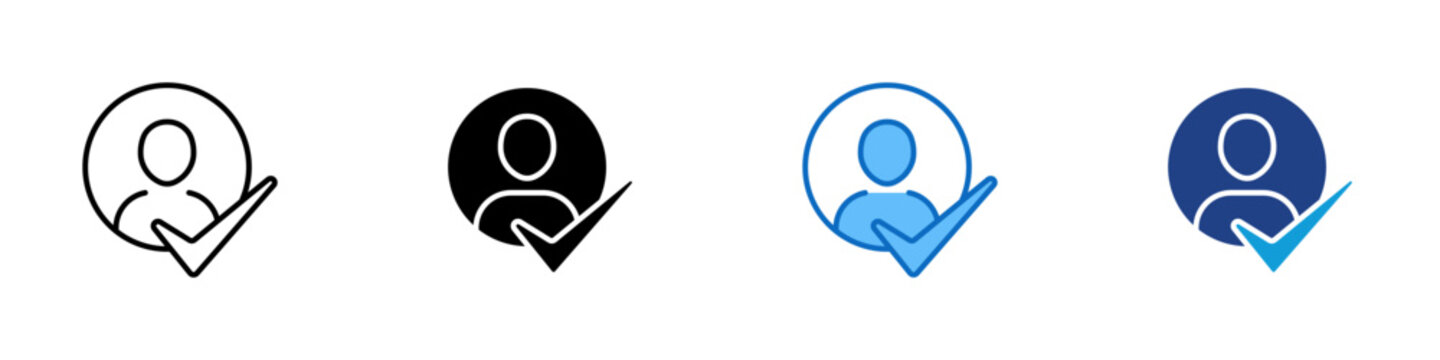 Verified User Profile Multiple Style Icon Design Vector - Person with checkmark representing verified user profile, approved account identity, and confirmed status in digital platforms