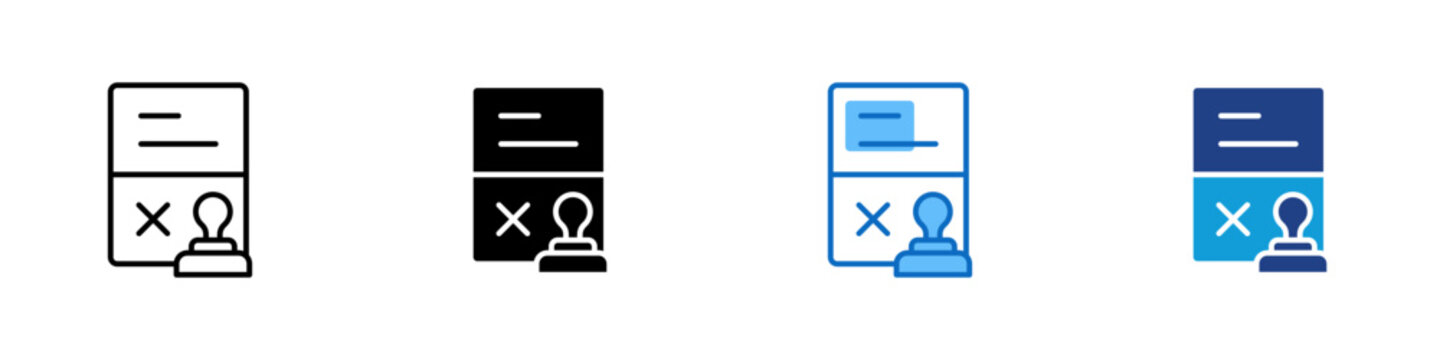 Rejected Application Multiple Style Icon Design Vector - Document with stamp and X mark representing rejected application, cancelled certificate, and denied official authorization
