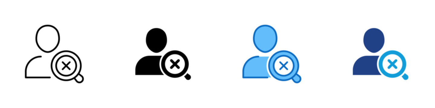 Rejected Candidate Multiple Style Icon Design Vector - Person with search and X mark representing rejected candidate, failed background check, and disqualified user screening