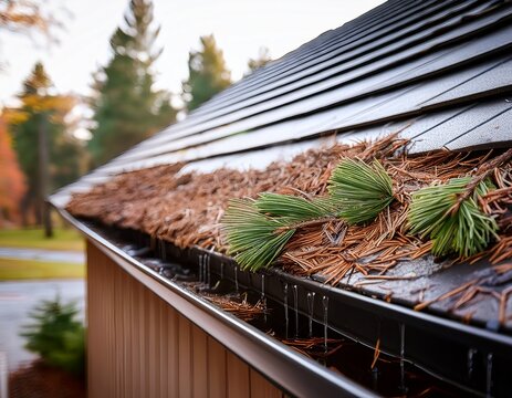 clogged gutter filled with pine needles and debris after rain