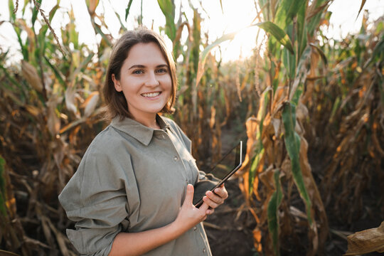 Portrait of smiling woman with digital tablet in maize field
