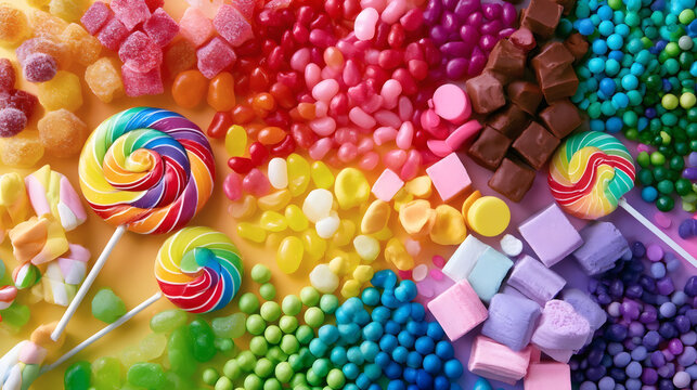 Assorted colorful candies and lollipops arranged in a vibrant rainbow pattern. Sweet treats include jelly beans, gummies, chocolates, and marshmallows. Perfect for backgrounds and celebrations.