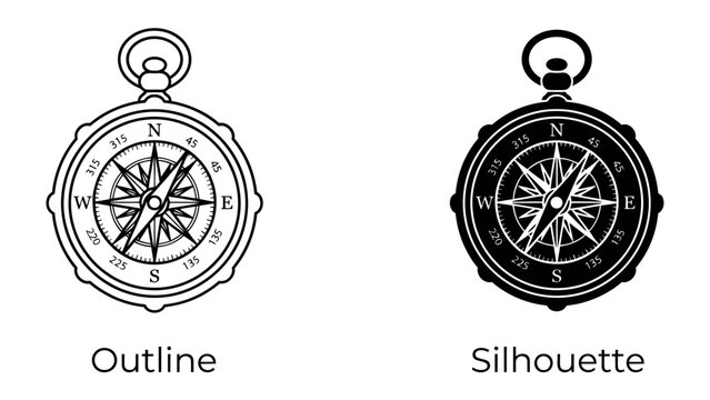 Compass Icon Set: A clear outline and a striking silhouette of a classic compass rose, symbolizing direction, exploration, and navigation, ideal for travel or adventure themes.