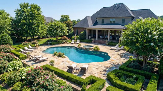 Elevated oblique view showing kidney-shaped swimming pool with attached circular spa set within irregular flagstone patio, surrounded by chaise lounges, side tables, potted plants, formal hedges