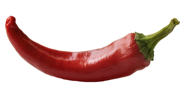 Shiny red chili pepper with green stem, isolated on transparent background
