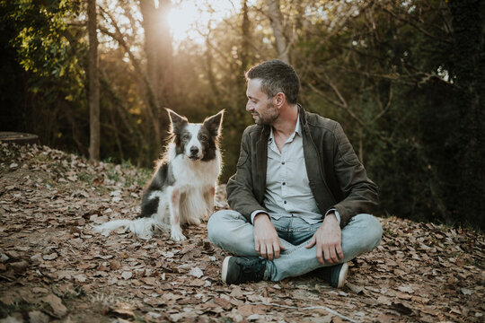 A man sits in the autumn forest and looks at his border collie