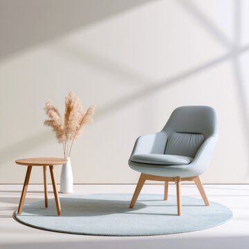 Grey blue armchair in sunny minimalist apartment.