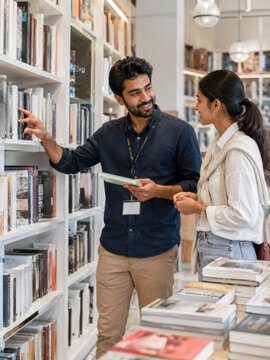 Man helping a woman select books on a shelf in a modern bookstore. The interaction shows friendly assistance in a bright retail interior with books and tables.