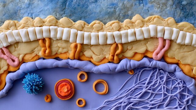 Handcrafted clay model depicting human skin and bacterial cells.