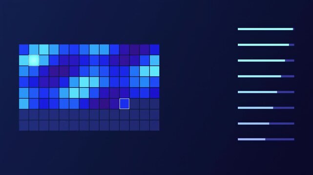 Abstract animated hyperparameter sweep results grid drawn as blue and cyan glowing lines and dots on a deep dark background. Clean minimal motion graphics element with free space around it, ideal for 