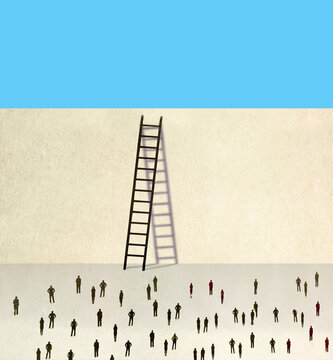 People looking at oversized ladder leaning on surrounding wall