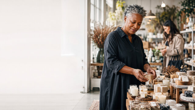 Mature woman arranges handmade candles on wooden displays in a bright boutique with shelving and plants. The composition leaves ample copy space on the left for text or design.