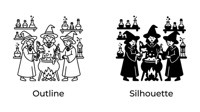 Witches Brewing Potions: Two illustrative styles, an outline and a silhouette, depict three witches in pointy hats stirring a cauldron filled with bubbling potion.