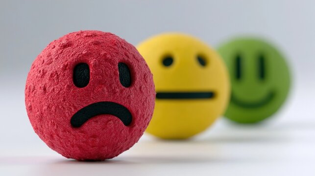 Three round emoticon balls in a sequence showing changing expressions