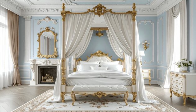 A luxurious neoclassic bedroom interior with a grand four-poster canopy bed