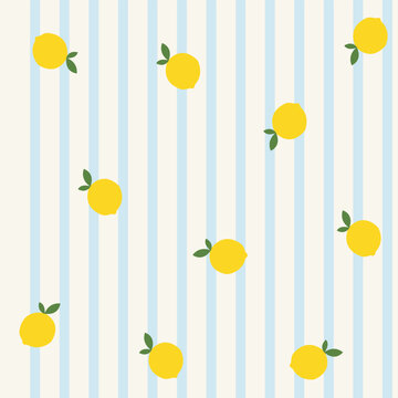 Small lemon seamless pattern on vertical blue stripes. Design for fabric, textile, wrapping paper, and summer kitchen and kids decor