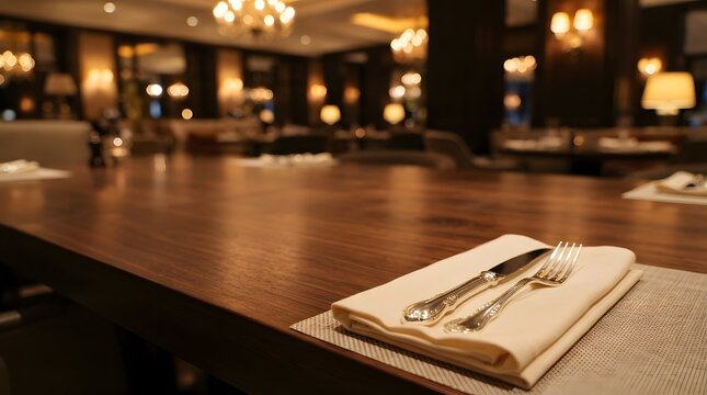 Elegant Fine Dining Restaurant Table Setting With Empty Wooden Table And Warm Ambient Lighting