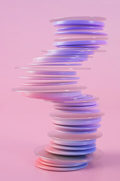 Three dimensional render of stack of purple rings floating against pink background