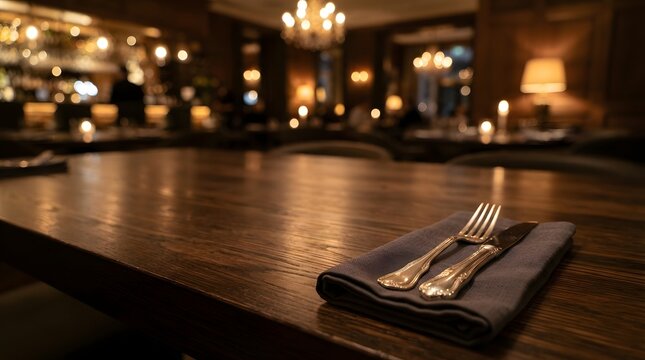 Elegant Fine Dining Restaurant Table Setting With Empty Wooden Table And Warm Ambient Lighting