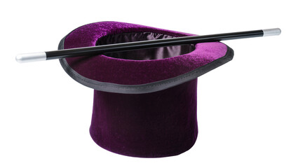Purple velvet top hat with magic wand resting across brim, isolated on transparent background © Alexandra