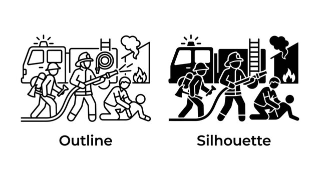Firefighter Rescue Icons: These contrasting outline and silhouette icons depict a fire engine and firefighters engaged in a rescue operation, highlighting emergency response and bravery.