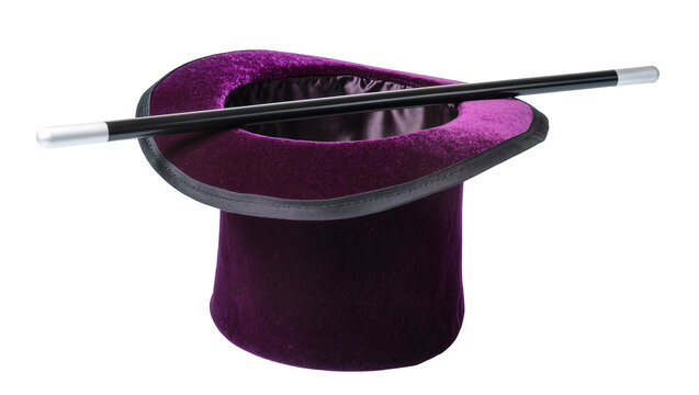 Purple velvet top hat with magic wand resting across brim, isolated on transparent background