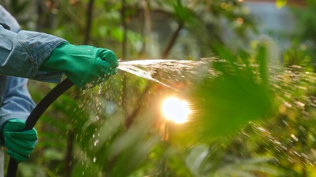 A gloved hand holds a hose watering plants in a lush garden setting. Concept of gardening, horticulture, and eco friendly practices, ideal for articles on plant care and sustainability.