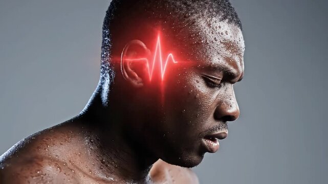 Exhausted athletic man with glowing red heart rate line on ear showing physical stress